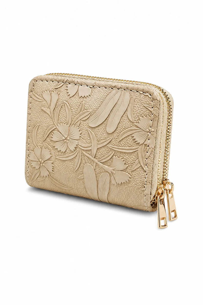 Brown Floral Embossed Zip Wallet