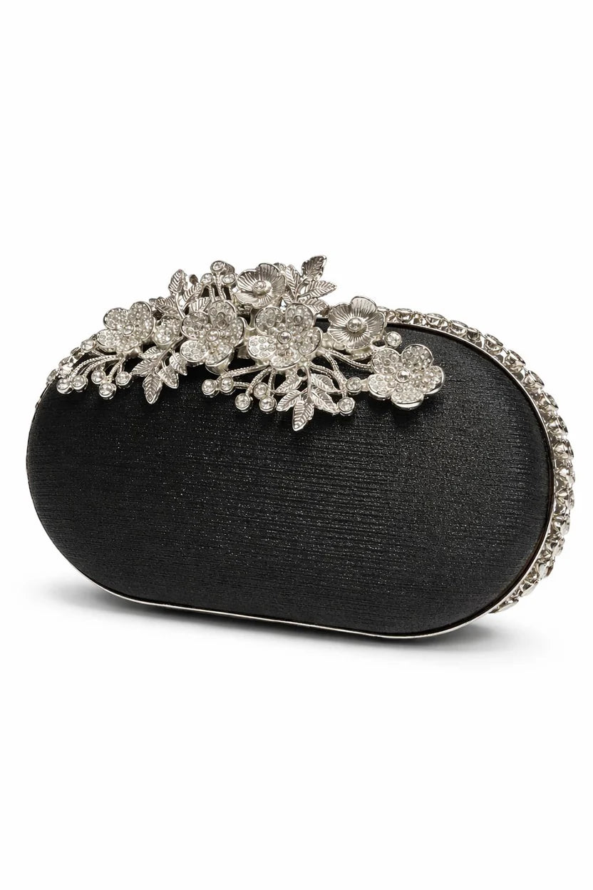 Silver Floral Vine Crystal Clutch