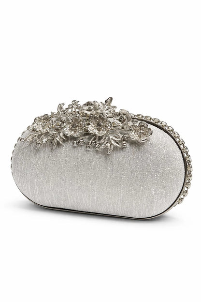 Silver Floral Vine Crystal Clutch