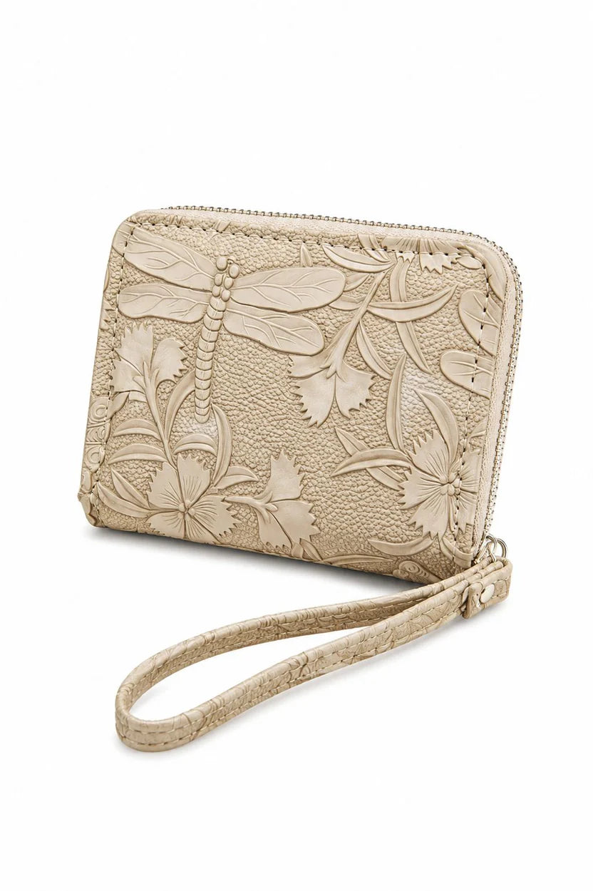 Brown Floral Embossed Wristlet Zip Wallet