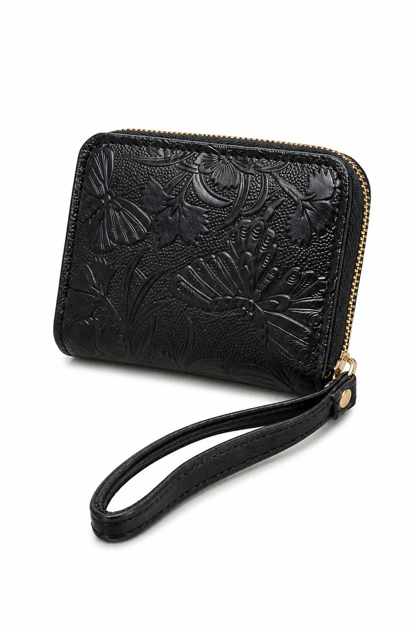 Brown Floral Embossed Wristlet Zip Wallet