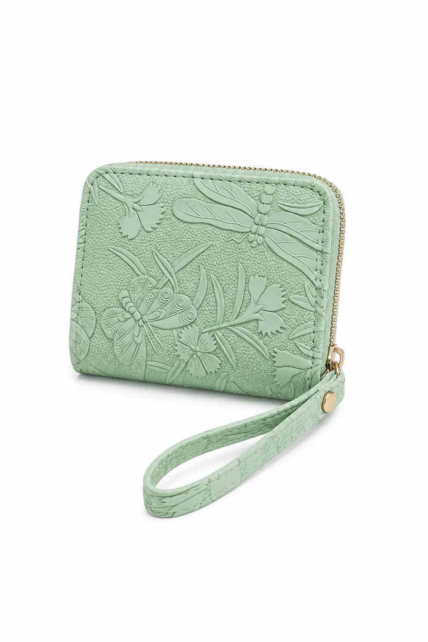 Brown Floral Embossed Wristlet Zip Wallet