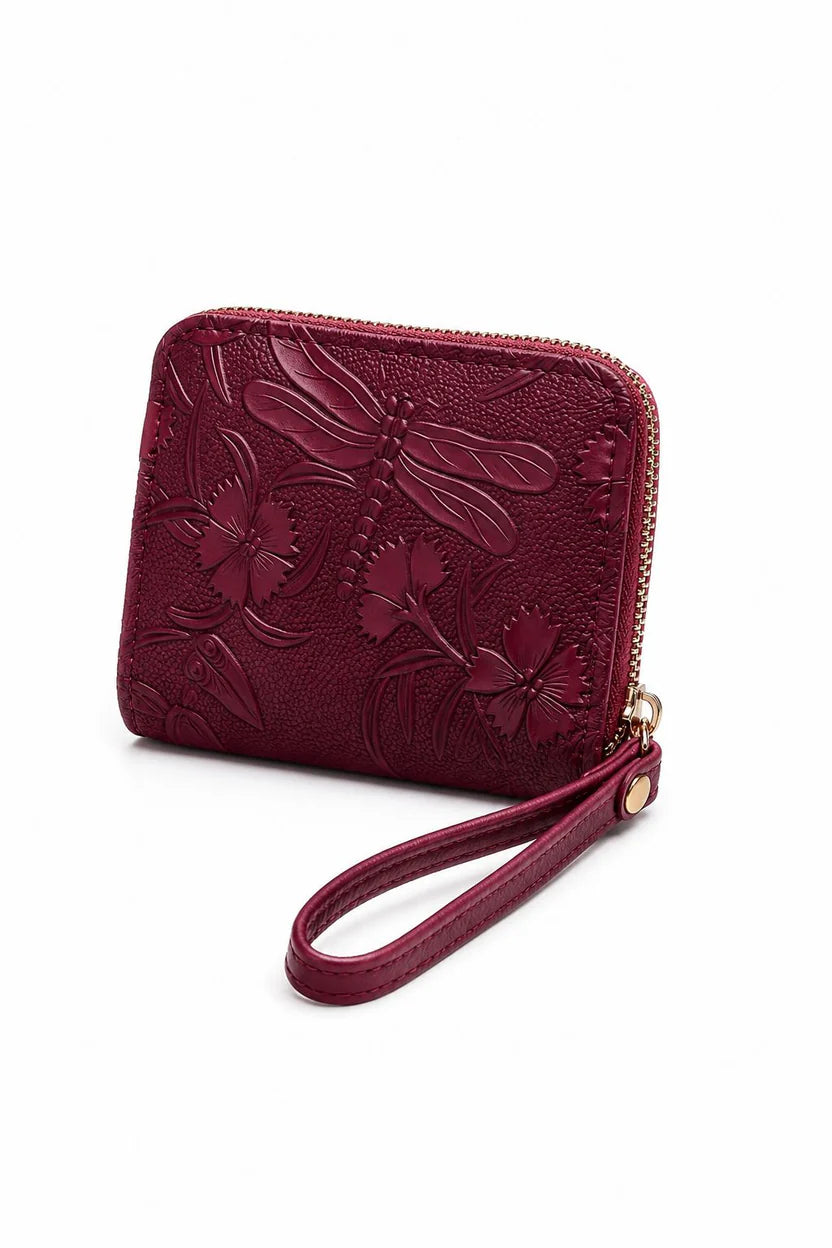 Brown Floral Embossed Wristlet Zip Wallet