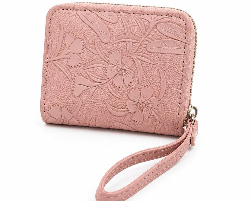 Floral Embossed Wristlet Zip Wallet