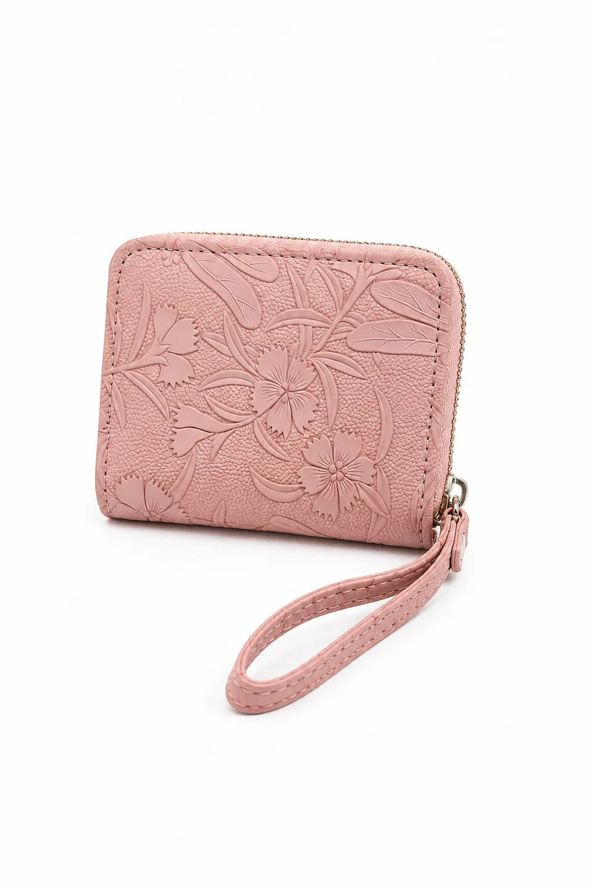 Brown Floral Embossed Wristlet Zip Wallet