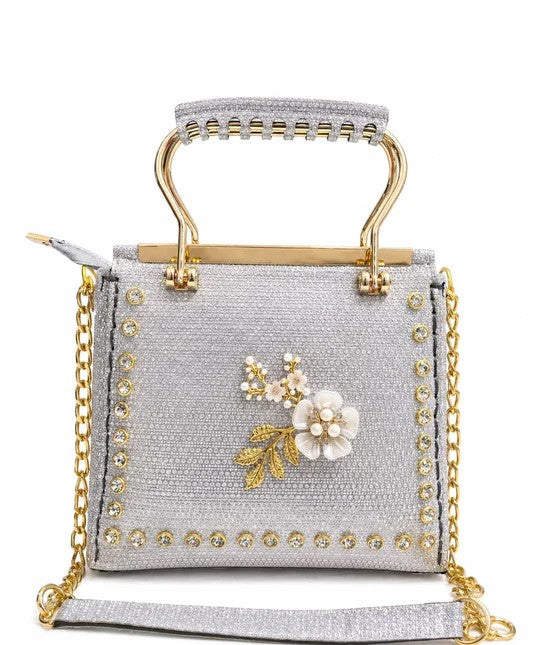 Silver Crystal Floral Handbag