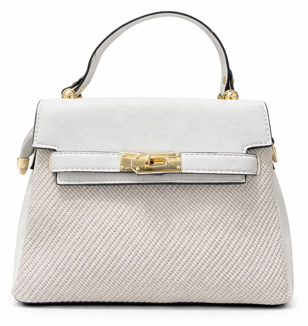 White Woven Lock Top Handle Handbag