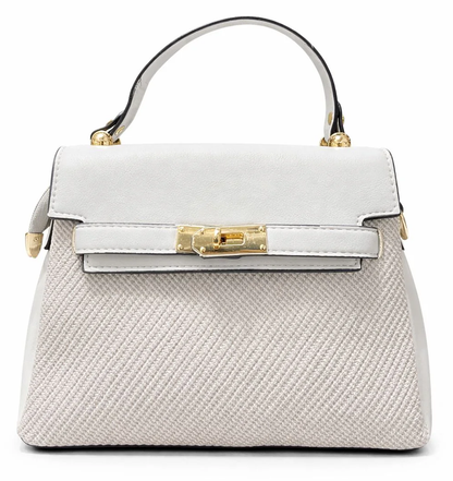 White Woven Lock Top Handle Handbag
