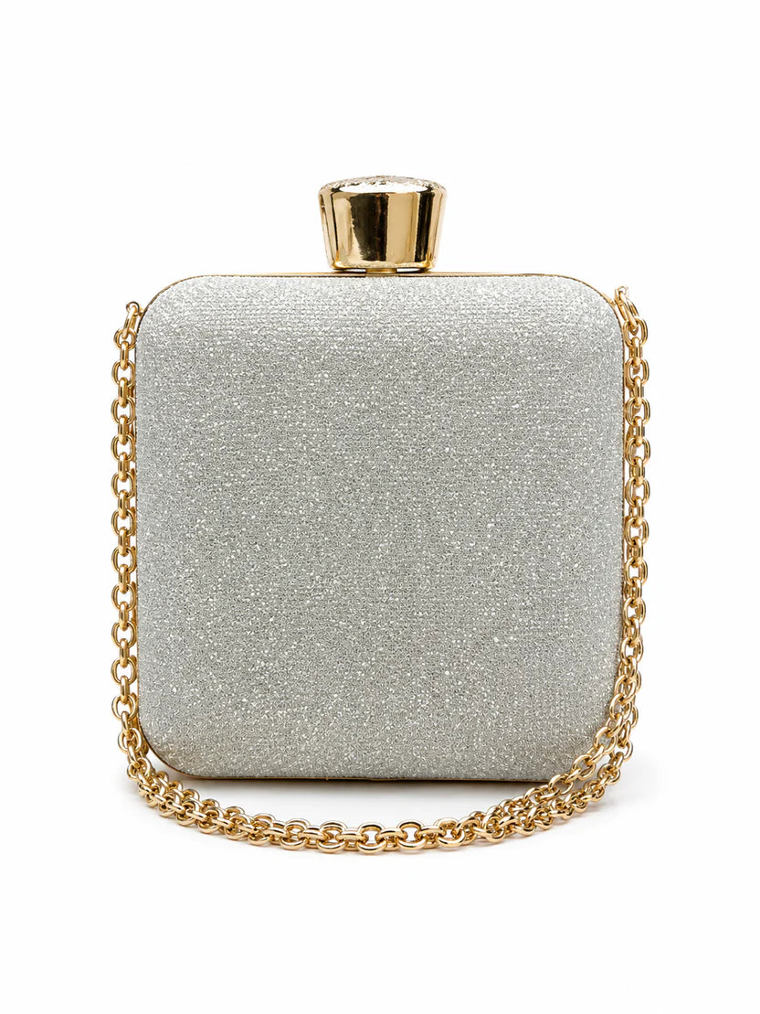 Silver Rhinestone Clasp Chain Evening Clutch