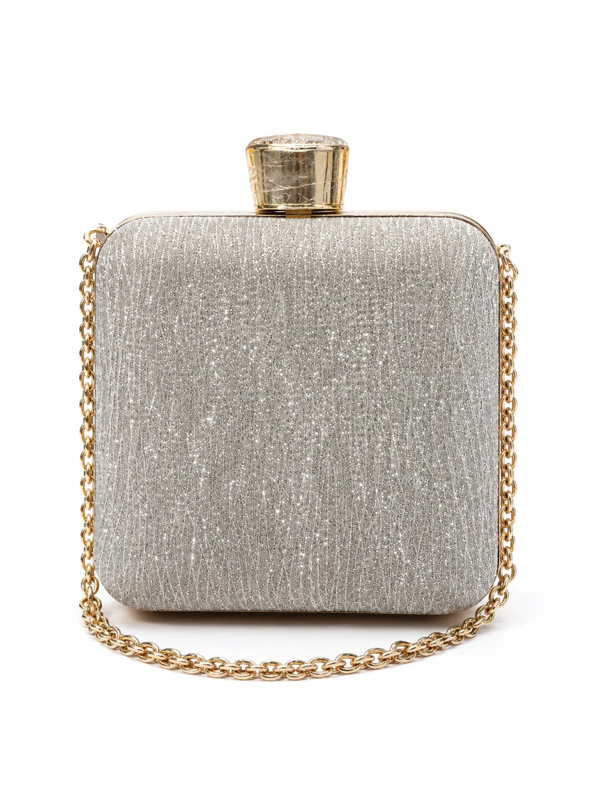 Silver Rhinestone Clasp Chain Evening Clutch
