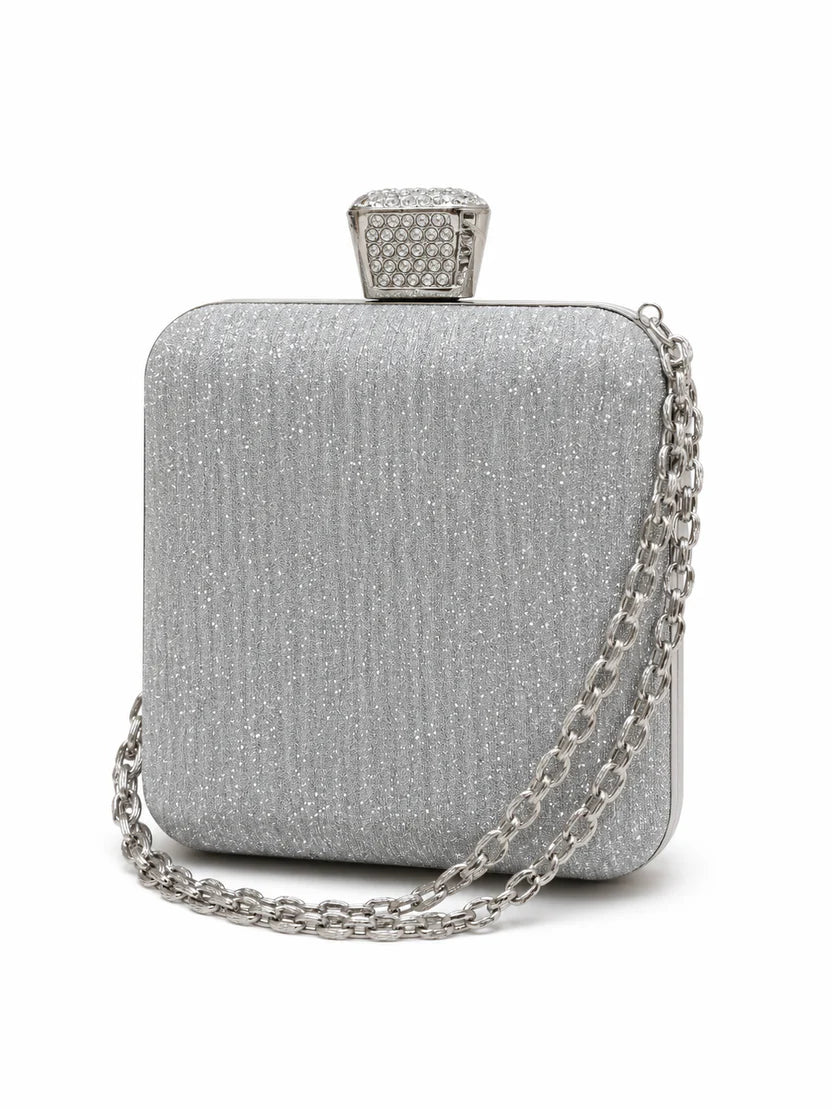 Silver Rhinestone Clasp Chain Evening Clutch