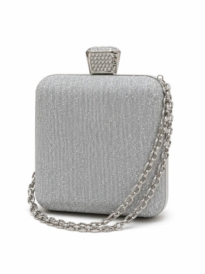 Silver Rhinestone Clasp Chain Evening Clutch